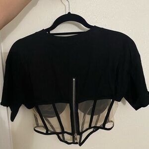Othr Black Mesh Corset Crop Tee with Front Zip
